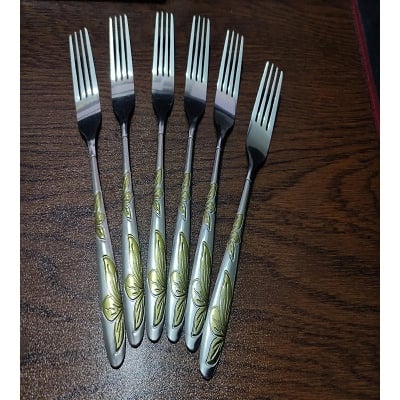 Picture of Stainless Steel Fork Set - 6 Pcs Multi Design Silver with Golden Shade -Silver