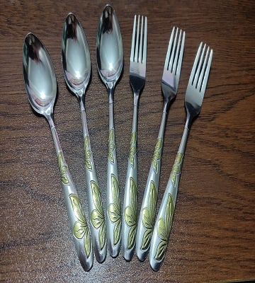 Picture of Stainless Steel 3 + 3 Spoon + Fork Set - 6  Pcs Multi Design Silver with Golden Shade -Silver