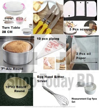 Picture of 9CX Combo Turn Table + 3 Butter Planer+3 Pcs Scrapper+7" Alu Round +10 Piping Bag+2 Pcs Oil Paper + 10"=2 Round Board+ Hand Egg Bitter Silver+ White Measurement Cup Set -Multicolor