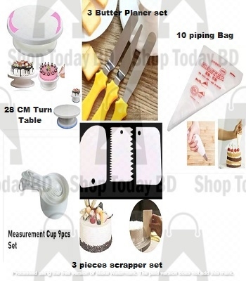 Picture of Combo Of Turn Table +3 Butter planer set + 3 pcs Scrapper + White 9 pcs Measurement cup set + 10 Pieces Piping Bag -Multicolor