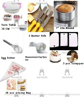 Picture of Combo Turn Table with 3 Butter Nife With 7" Alu Round with Egg Bitter silver With Measurement Cup of 9 Pcs With Scrapper 3 pcs 10 Pcs Piping Bag -Multicolor