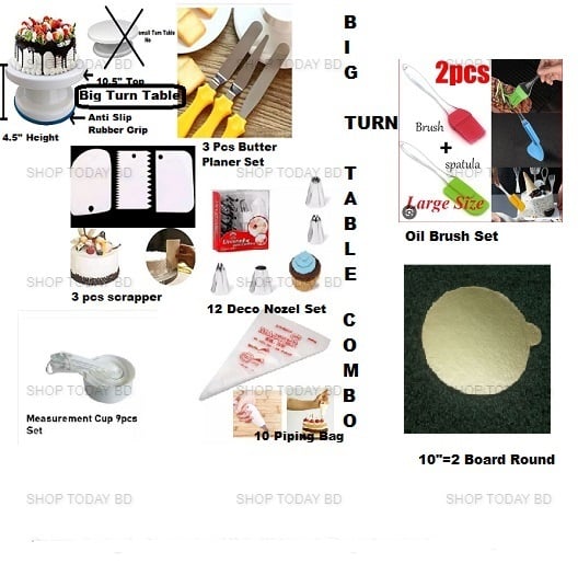 Picture of Big Cake Turn Table  8 Combo Turn Table Big  +  12 & 3 Nozel Set + 3 Nife + 2 Oil Brush + 9 M set Cup + 3 Scrapper + 10" 2 Board + 10 Piping Bag -Multicolor