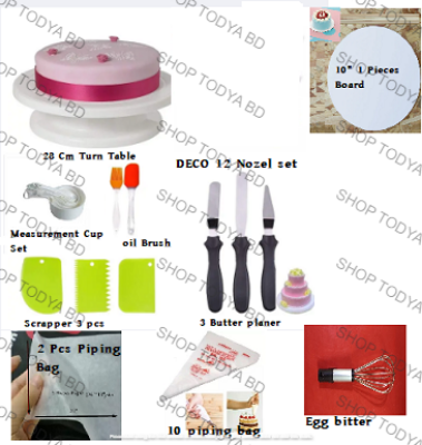 Picture of 9X Combo Turn Table, 1 Cake Board, wmc, oil brush, 3 Butter planer, scrapper, oil paper 2 Pcs, 10 piping, Bag Hand Egg bitter -Multicolor