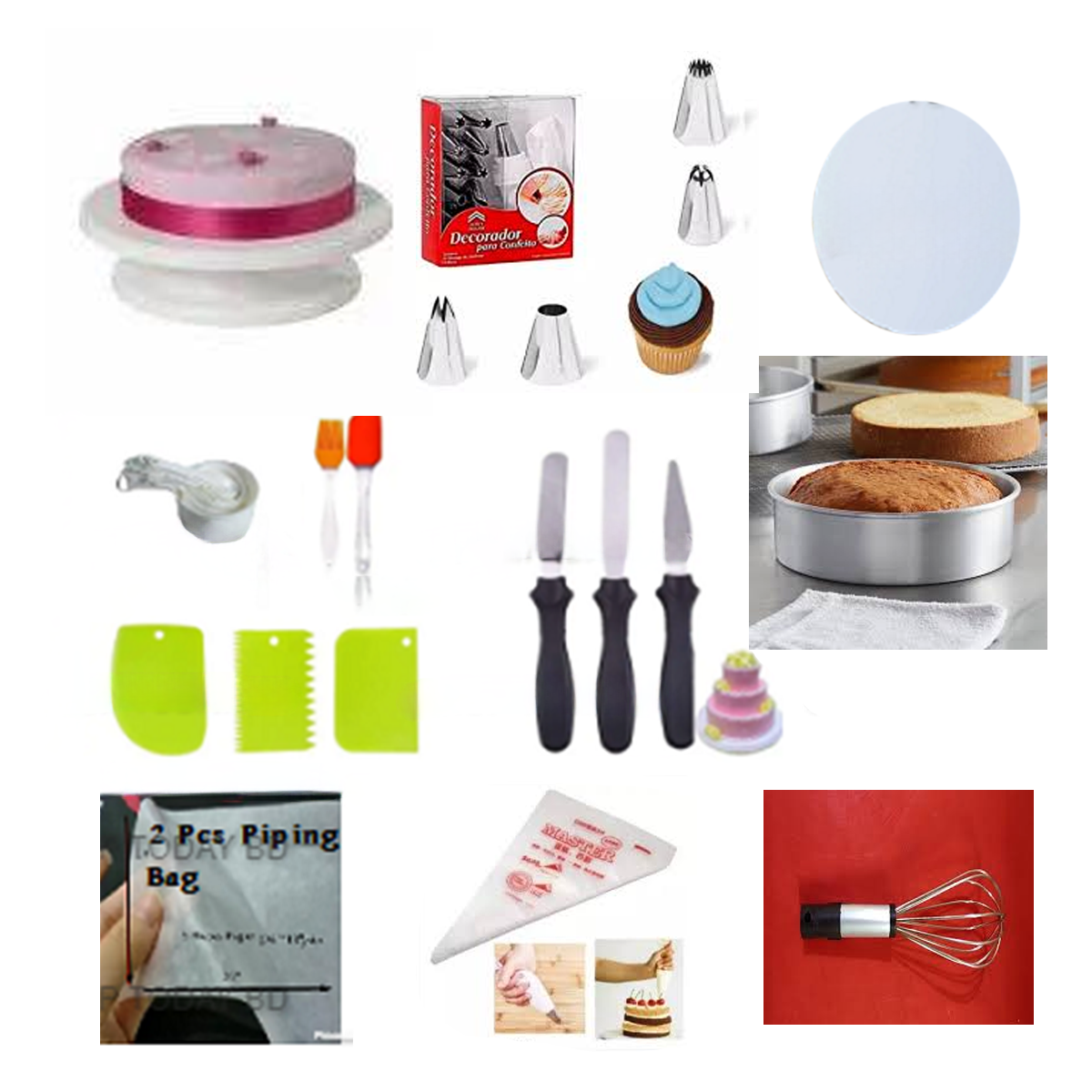Picture of 11X Combo Turn Table, Deco, 7" Alu Round, 1 Cake Board, wmc, oil brush, 3 Butter planer, scrapper, oil paper 2 Pcs, 10 piping, Bag Hand Egg bitter -Multicolor