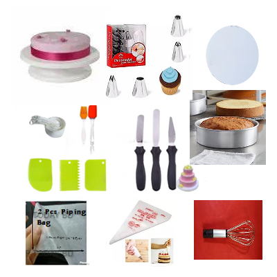 Picture of 11X Combo Turn Table, Deco, 7" Alu Round, 1 Cake Board, wmc, oil brush, 3 Butter planer, scrapper, oil paper 2 Pcs, 10 piping, Bag Hand Egg bitter -Multicolor