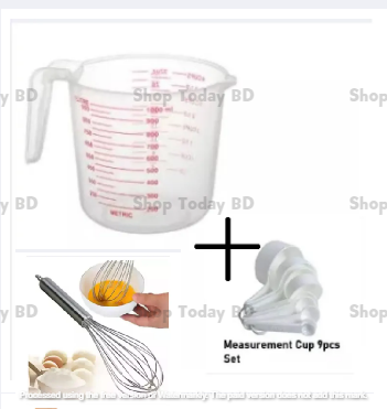 Picture of Measuring combo pack Of 3 items measerment cup set 9 piece set with white & plastic measuring mug 1000 ml  with egg bitter silver -Multicolor