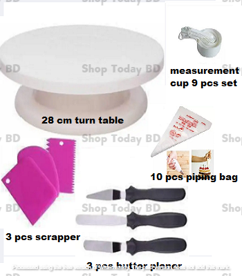 Picture of 5 combo of Turn table with 3 butter planer set with 3 pcs scrapper with measurement cup set of 9 with 10 pcs piping bag -Multicolor