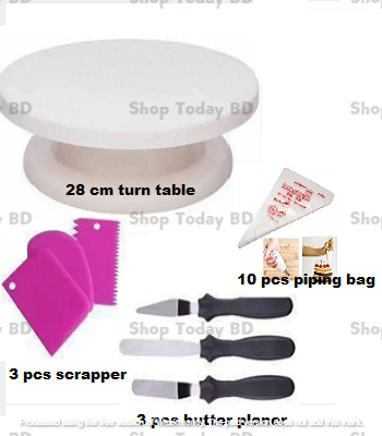 Picture of 4 combo of Turn table with 3 butter planer set with 3 pcs scrapper with 10 pcs piping bag -Multicolor