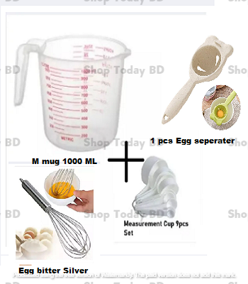 Picture of Measuring combo pack Of 4 items measerment cup set 9 piece set with white & plastic measuring mug 1000 ml with egg bitter silver with egg seperater -Multicolor