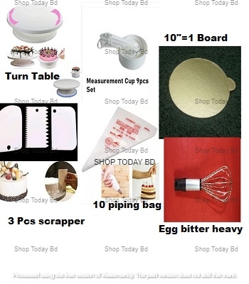 Picture of 6x combo Turn table measurement cup 9 pcs set 3 pcs scrapper 10 pcs piping bag 10" cake board 1 pcs &  egg bitter heavy -Multicolor