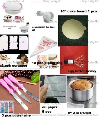 Picture of 9X Cake Baking Combo Turn table measurement cup set 9 pcs set scrapper 3 pcs set 10 pcs piping bag 3 butter nife planer oil paper 5 pcs 10" cake board 1 pcs egg bitter heavy and 7" alu round mold -Multicolor