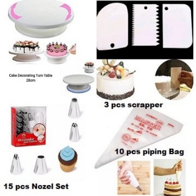 Picture of 4P Cake Decorating turntable combo pack turn table 12 pcs deco nozel set 3 pcs scrapper set 10 pcs piping bag -Multicolor