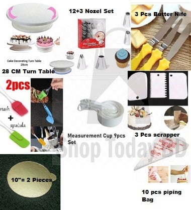 Picture of 8X of Combo Cake Turn Table + 12 & 3 Nozel Set + 3 Nife + 2 Oil Brush + 9 M set Cup + 3 Scrapper + 10" 2 Board + 10 Piping Bag -Multicolor