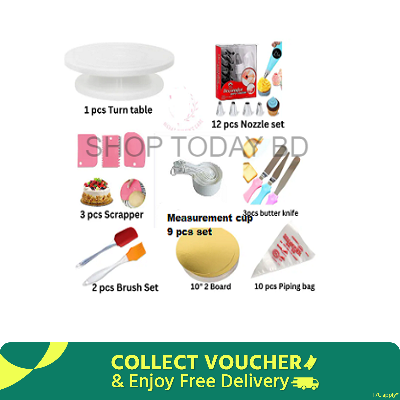 Picture of 8 in 1 Combo Set Turntable  12 Nozzles  3 Butter planer  2 Oil Brushes  9 Measuring Cups  3 Scrapers 2 Boards round 10 Inches and 10 Piping bags - Perfect for Bakers and Cake Enthusiasts Complete Cake Decorating tools Measurements -Multicolor