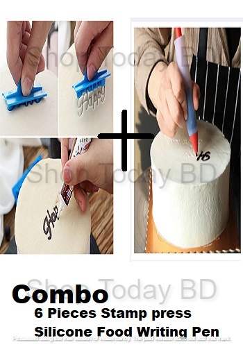 Picture of Combo of 2 product 6 pieces Cake Baking Molds Alphabet Letter Words Cookie Press Stamp And Silicone Food Writing Pen -Multicolor