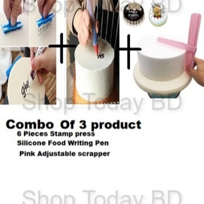 Picture of Combo of 3 product 6 pieces Cake Baking Molds Alphabet Letter Words Cookie Press Stamp + Silicone Food Writing Pen + Adjustable Height Cake Smoother Cream Scraper Spatula -Multicolor