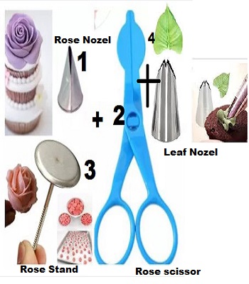 Picture of RRR + Leaf Nozel ( Rose Stand 1 Pcs + Rose Nozzle 1Pcs + Cake flower nail 1Pcs + Leaf Nozel for Cake Decoration 4 pieces set ) -Multicolor