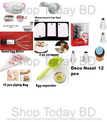 Picture of B7 Combo Turn table Measurement cup 9 pieces set 3 pieces scrapper Deco 12 Nozel set 10 pieces piping bag egg seperater and hand egg bitter -Multicolor