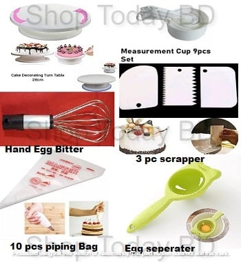 Picture of B6 Combo Turn table Measurement cup 9 pieces set 3 pieces scrapper 10 pieces piping bag egg seperater and hand egg bitter -Multicolor