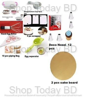 Picture of B8 Combo Turn table Measurement cup 9 pieces set 3 pieces scrapper Deco 12 Nozel set 10 pieces piping bag egg seperater  hand egg bitter and 10 inches  round board 2 pieces -Multicolor