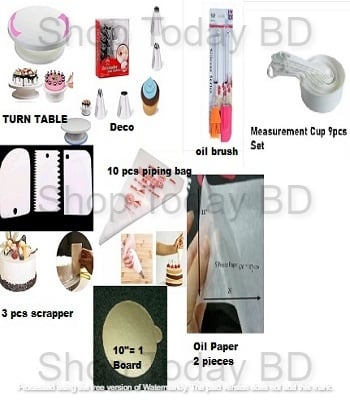 Picture of 8P Combo Turn Table Deco 12 nozel with 3 pieces Scrapper 10 piping bag Measurement cup set of 9 pieces  oil brush set oil paper 2 pcs and 10 inches 2 pcs round board -Multicolor