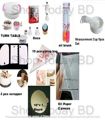 Picture of 8P Combo Turn Table Deco 12 nozel with 3 pieces Scrapper 10 piping bag Measurement cup set of 9 pieces  oil brush set oil paper 2 pcs and 10 inches 2 pcs round board -Multicolor