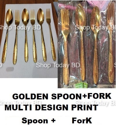 Picture of Luxury Golden Stainless Steel Multi Design print Spoon + Fork Set A Touch Of Luxury To Your Dining Table With This Golden chopped Spoon + Fork Set