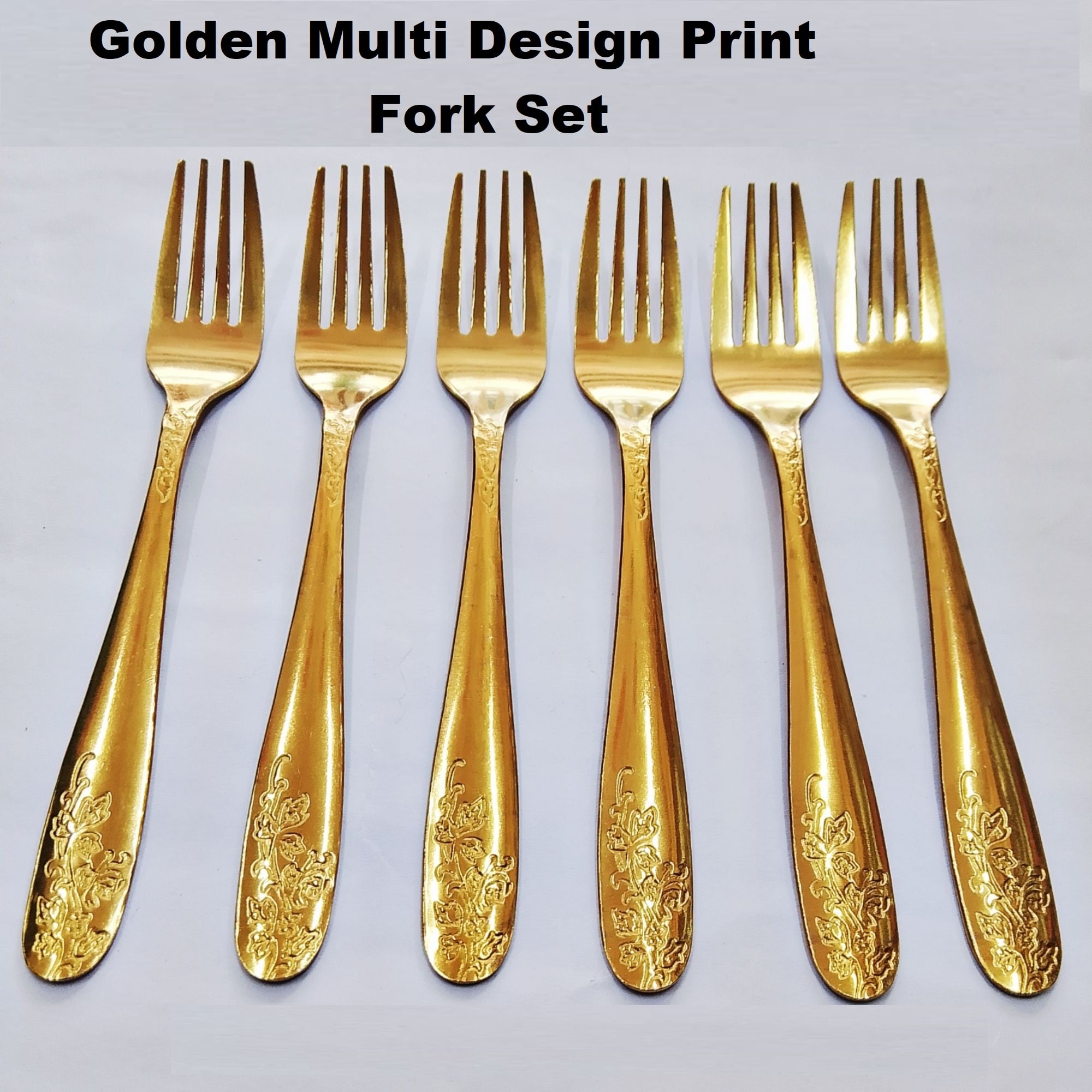 Picture of 6 Pieces Luxury Golden Stainless Steel Multi Design print Fork Set A Touch Of Luxury To Your Dining Table With This Golden chopped ForkSet -Golden