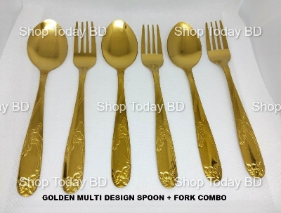 Picture of 6 pieces 3 + 3 Luxury Golden Multi Design Print Stainless Steel 3 Spoon + 3 Fork Set A Touch Of Luxury To Your Dining Table With This Golden chopped Spoon Fork Set -Golden