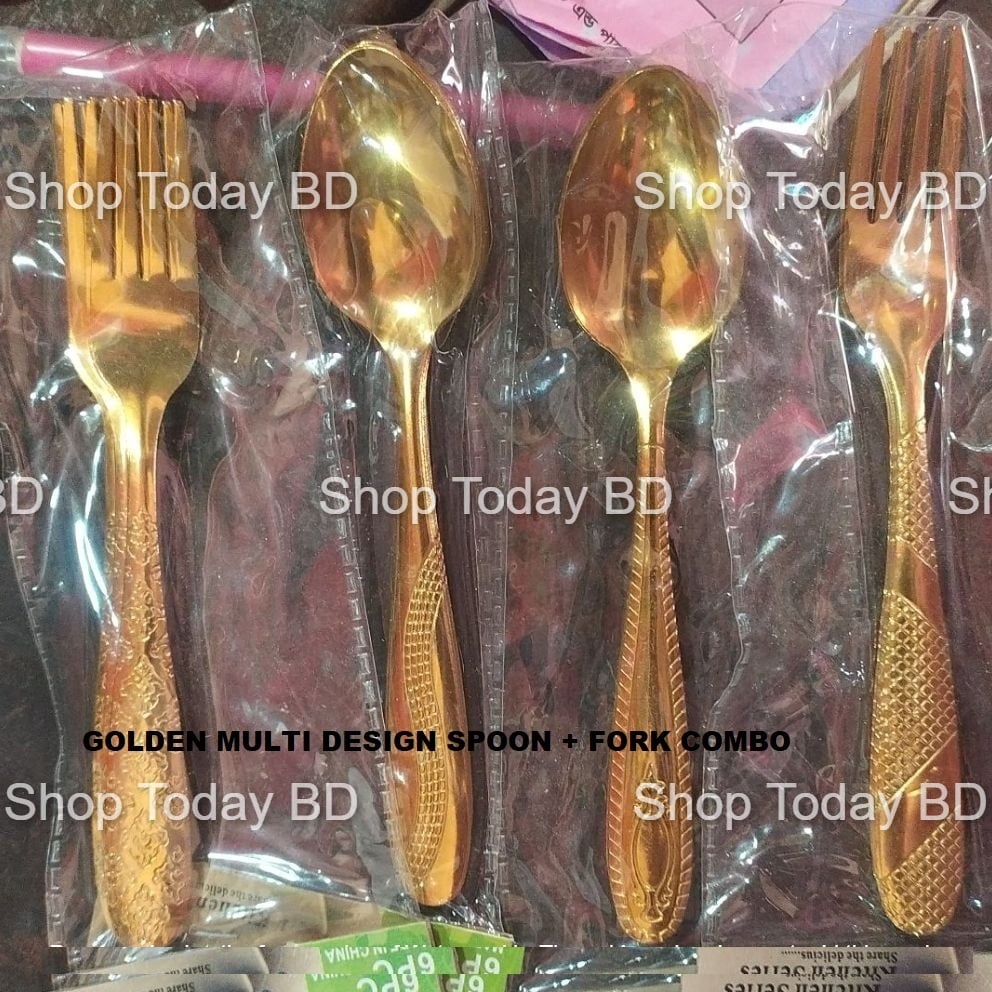 Picture of 12  Pieces 6+ 6 Luxury Golden Multi Design Print Stainless Steel 6 Spoon + 6 Fork Set A Touch Of Luxury To Your Dining Table With This Golden chopped Spoon Fork Set -Golden