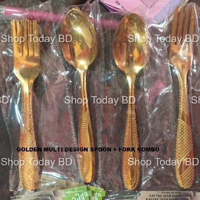 Picture of 12  Pieces 6+ 6 Luxury Golden Multi Design Print Stainless Steel 6 Spoon + 6 Fork Set A Touch Of Luxury To Your Dining Table With This Golden chopped Spoon Fork Set -Golden