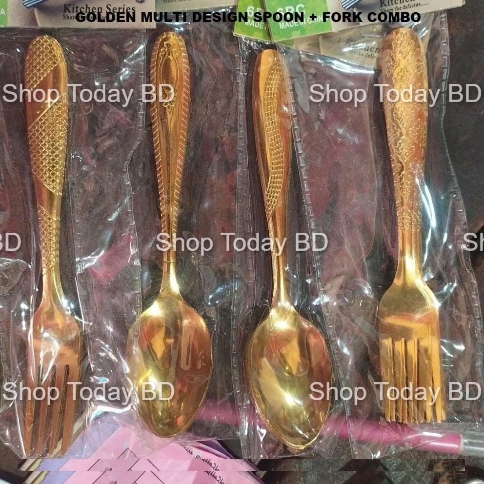 Picture of 12  Pieces 6+ 6 Luxury Golden Multi Design Print Stainless Steel 6 Spoon + 6 Fork Set A Touch Of Luxury To Your Dining Table With This Golden chopped Spoon Fork Set -Golden