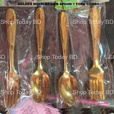 Picture of 12  Pieces 6+ 6 Luxury Golden Multi Design Print Stainless Steel 6 Spoon + 6 Fork Set A Touch Of Luxury To Your Dining Table With This Golden chopped Spoon Fork Set -Golden
