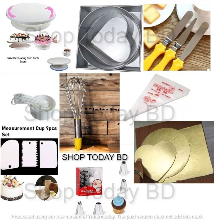 Picture of super 9C Turn Table 28 Cm , 3pcs Alu Mold set , 3 Butter planer , Measurement cup set, Tsco Bitter,10 piping bag, scrapper set , Deco 12 Nozel set , 3 pcs 3 shape Board -Multicolor