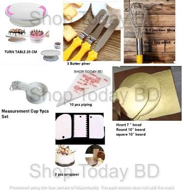 Picture of super 7C Turn Table 28 Cm , 3 Butter planer , Measurement cup set, Tsco Bitter,10 piping bag, scrapper set , 3 pcs 3 shape Board -Multicolor
