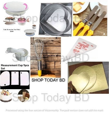 Picture of super 8C Turn Table 28 Cm , 3pcs Alu Mold set , 3 Butter planer , Measurement cup set, Tsco Bitter,10 piping bag, scrapper set , 3 pcs 3 shape Board -Multicolor