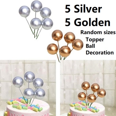 Picture of 5 + 5 Golden + silver Topper Ball Cake Happy Birthday Party Baby Shower Cake Decoration Cake Flag Wedding Christmas Ball Decoration Supplies