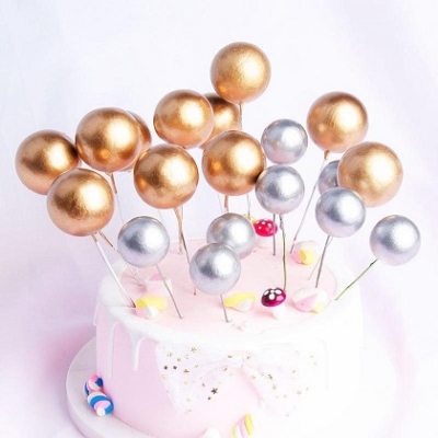 Picture of 5 + 5 Golden + silver Topper Ball Cake Happy Birthday Party Baby Shower Cake Decoration Cake Flag Wedding Christmas Ball Decoration Supplies