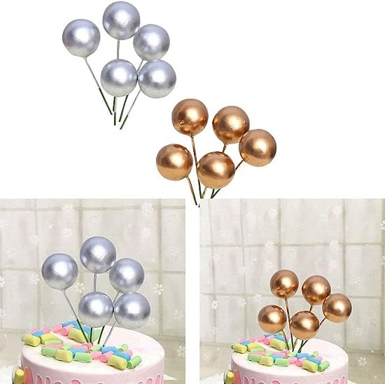 Picture of 5 Pcs Golden Topper Ball Cake Happy Birthday Party Baby Shower Cake Decoration Cake Flag Wedding Christmas Ball Decoration Supplies -Golden