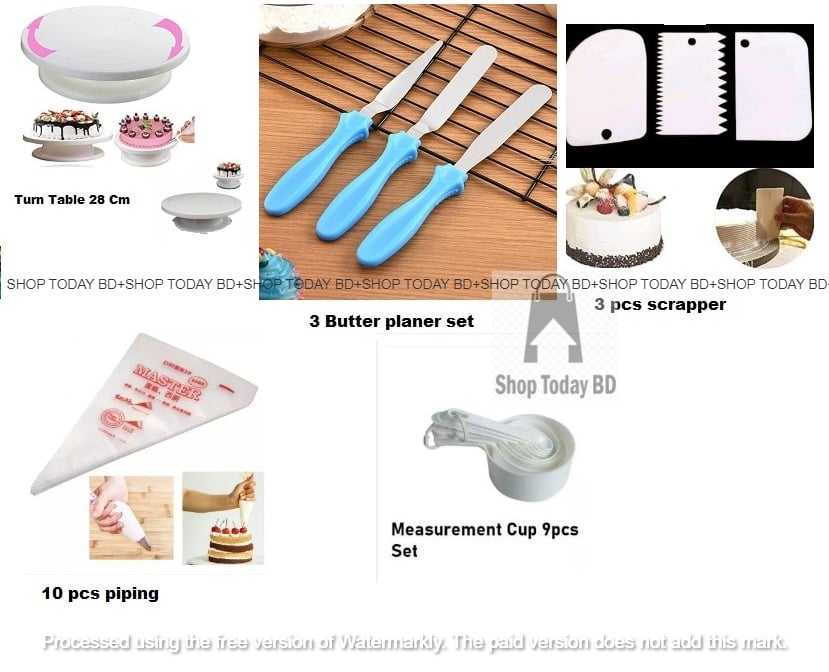 Picture of 5p Combo Turn table / 3 butter planer / 3 pcs scrapper  / Measurement cup set / 10 pcs piping bag -Multicolor
