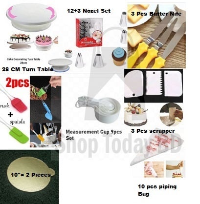 Picture of 8XP Combo Cake Turn Table + 12 & 3 Nozel Set + 3 Nife + 2 Oil Brush + 9 M set Cup + 3 Scrapper + 10" 2 Board + 10 Piping Bag -Multicolor