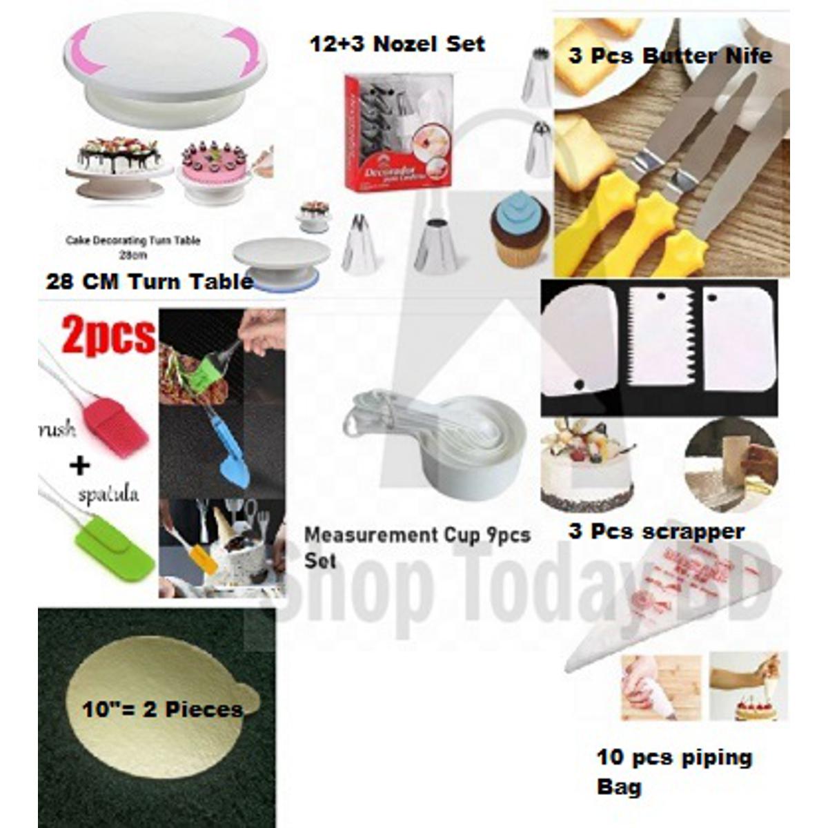 Picture of 8XP Combo Cake Turn Table + 12 & 3 Nozel Set + 3 Nife + 2 Oil Brush + 9 M set Cup + 3 Scrapper + 10" 2 Board + 10 Piping Bag -Multicolor