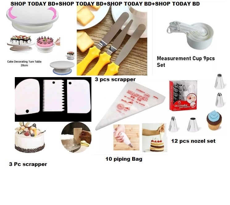 Picture of 6CX  Set Cake Decoration Turntable , 12 Pieces Of Stainless Steel Nozzle Set , 3 pieces of cake planner , Measuring Spoon Cup Set , 3 pieces Plastic Cream Scraper & 10 Pieces Pipping Bags -Multicolor