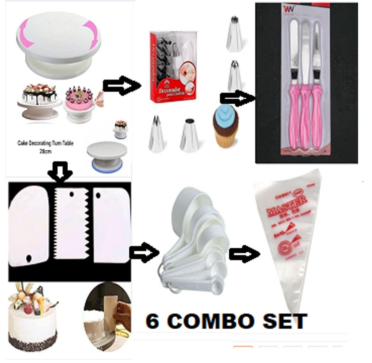 Picture of 6CX  Set Cake Decoration Turntable , 12 Pieces Of Stainless Steel Nozzle Set , 3 pieces of cake planner , Measuring Spoon Cup Set , 3 pieces Plastic Cream Scraper & 10 Pieces Pipping Bags -Multicolor