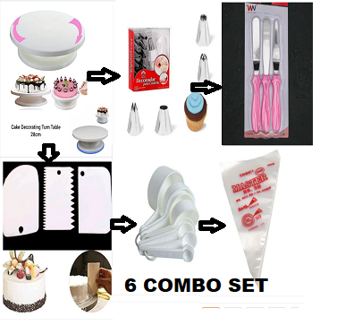 Picture of 6CX  Set Cake Decoration Turntable , 12 Pieces Of Stainless Steel Nozzle Set , 3 pieces of cake planner , Measuring Spoon Cup Set , 3 pieces Plastic Cream Scraper & 10 Pieces Pipping Bags -Multicolor