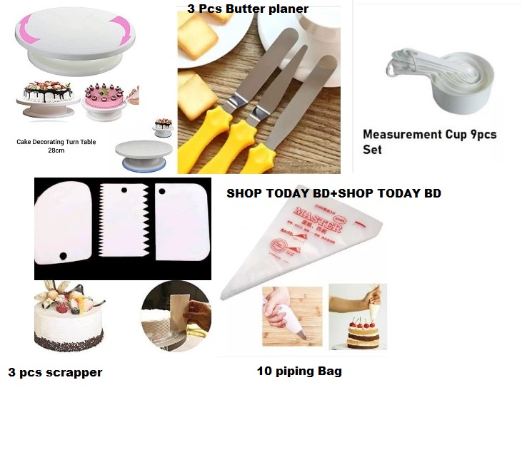 Picture of Combo Turn Table 28 CM  +3 Butter planer set + 3 pcs Scrapper + White 9 pcs Measurement cup set + 10 Pieces Piping Bag -Multicolor
