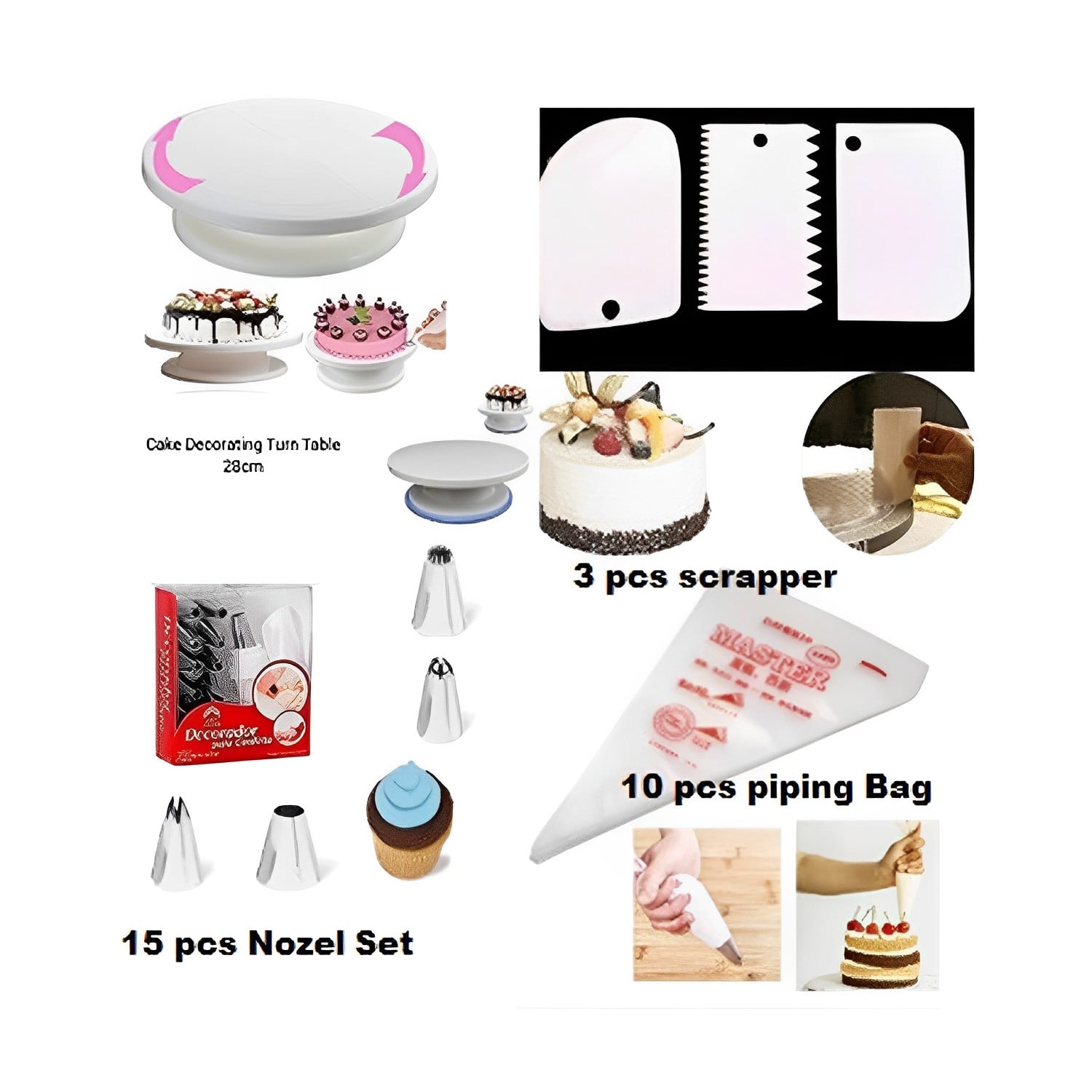 Picture of 4PX + Cake slicer + Cake Decorating Turntable - 28 cm +12 pieces Cake decoration Nozzle set + 10 Piping Bags + 3 pcs scrapper combo pack of 4 items -Multicolor