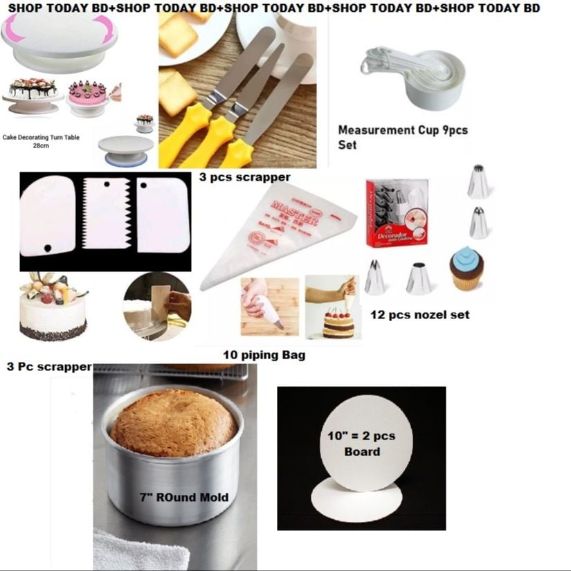 Picture of 8pX Combo Turn Table Full , 12 Deco Nozel , 3 Butter spread , 7" Round Mold , White M Cup set , 3 Scrapper , 10 piping Bag , 10" Cake Board 2 Pcs -Multicolor