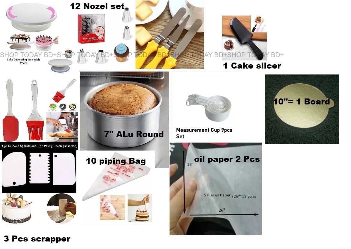 Picture of COMBO Cake BAking 11CX Turn Table , Deco Nozel , 3 butter planer , oil brush & Spatula set , 7" Alu round , Measurement cup set , scrapper , piping 10 pcs , oil paper 2 pcs , 10"= 1 board  , cake slicer -Multicolor