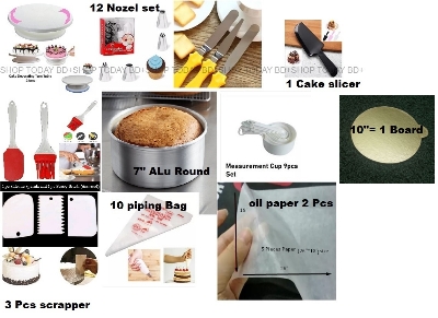 Picture of COMBO Cake BAking 11CX Turn Table , Deco Nozel , 3 butter planer , oil brush & Spatula set , 7" Alu round , Measurement cup set , scrapper , piping 10 pcs , oil paper 2 pcs , 10"= 1 board  , cake slicer -Multicolor